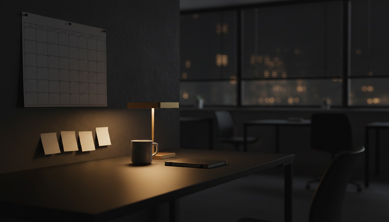 An unbranded matte black operations desk at night with a blank paper wall planner, four plain sticky notes, a ceramic mug and a closed notebook, lit by a low warm gold desk lamp with a dark office and city lights behind