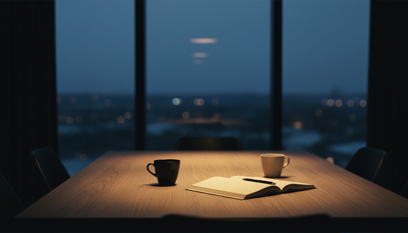 An empty wooden meeting table by a tall window in a Nordic office at dusk, two coffee cups and an open notebook lit by a low warm gold light, with a city skyline blurred beyond the glass
