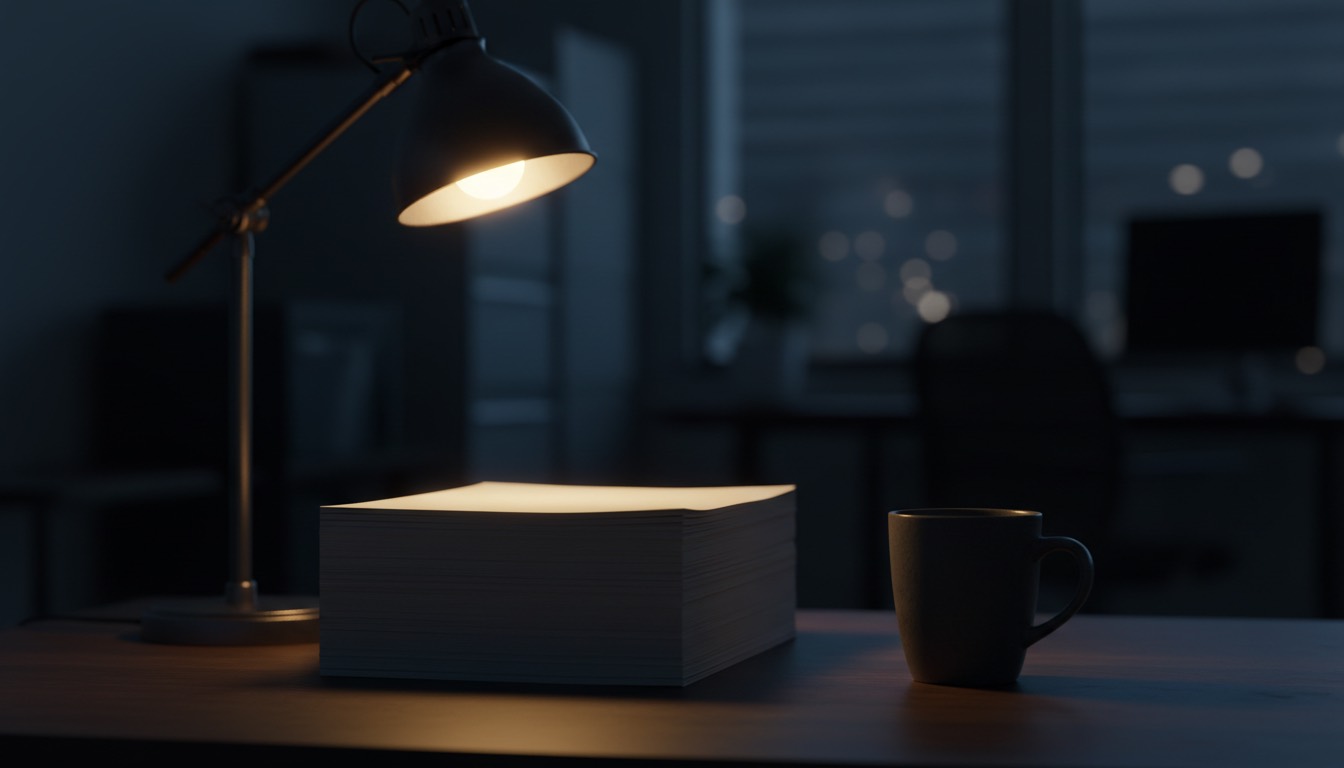A deep stack of blank paper on a dark wooden desk in a quiet accounting office at night, lit by a single warm gold desk lamp beside a plain ceramic cup