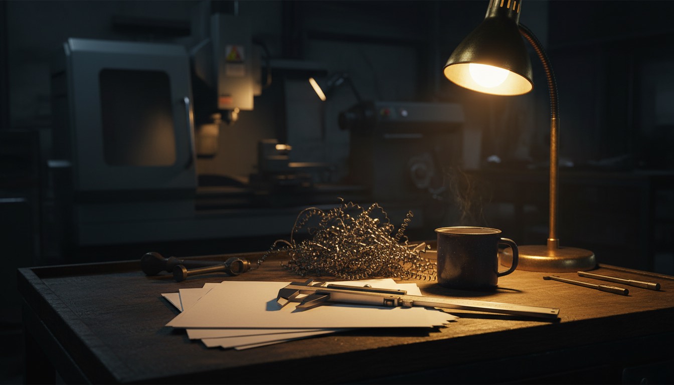 A workshop bench at night lit by a single warm gold lamp, with steel calipers resting on a stack of blank work orders, a cooling enamel mug and coiled metal shavings, machinery dark and out of focus behind