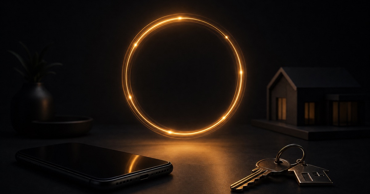 A glowing amber closed loop above a dark desk with a smartphone and house keys, representing an AI lead system for real estate agencies