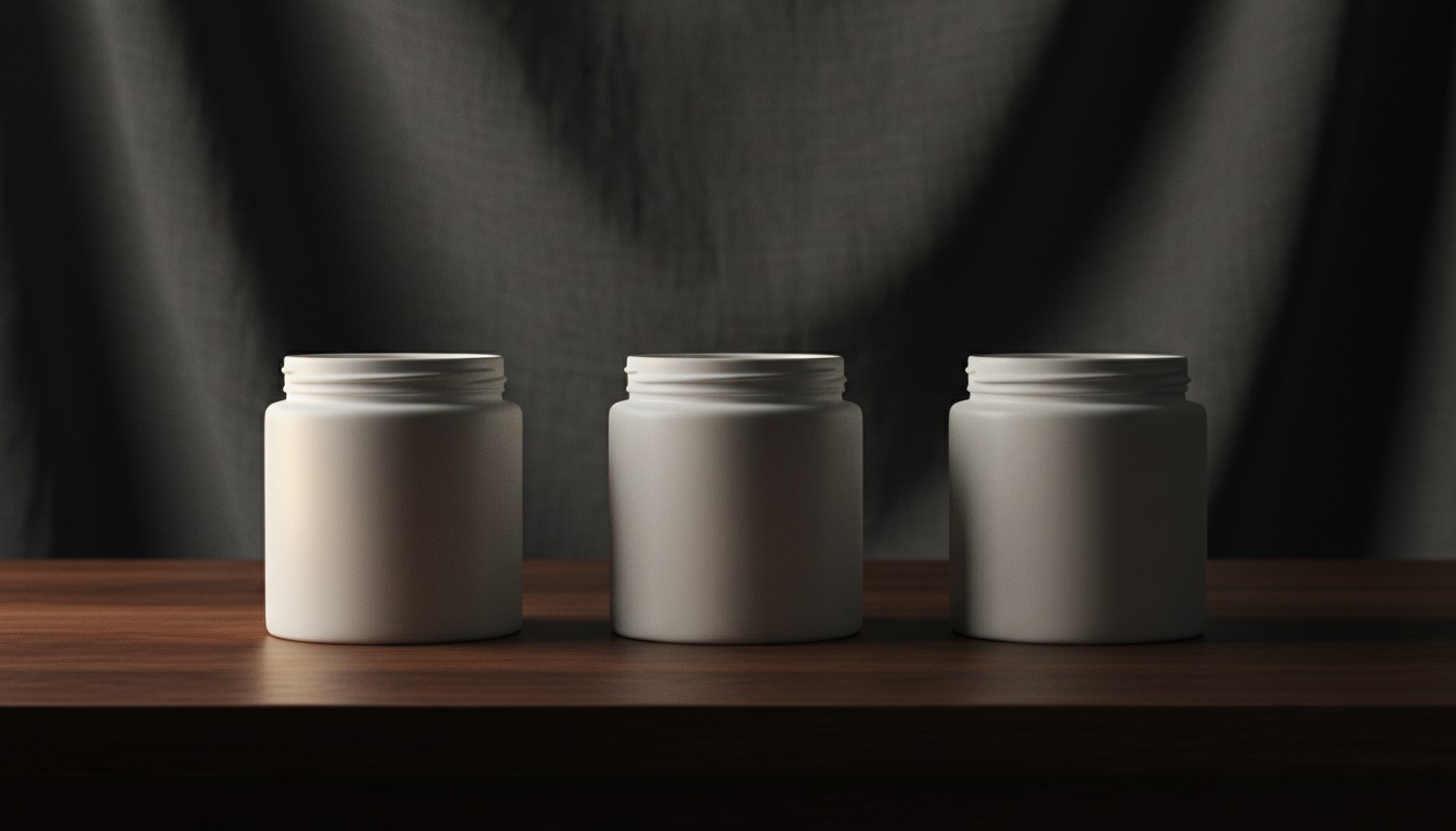 Three identical plain unbranded ceramic jars standing in a row on a dark walnut studio table in front of a crumpled linen backdrop, lit by one warm rim light from the left.