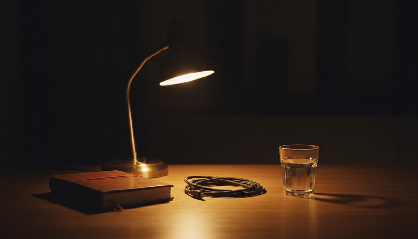 A dark office desk late at night, one brass gooseneck lamp throwing gold light across bare wood beside a closed leather ledger, a coiled black cable and a plain glass of water.
