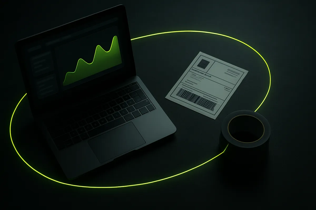 Editorial overhead scene of an ecommerce operations workspace with connected glowing nodes