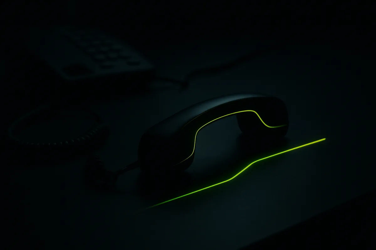 A landline phone off the hook on a dark desk, lit by a single thin green light tracing the receiver.