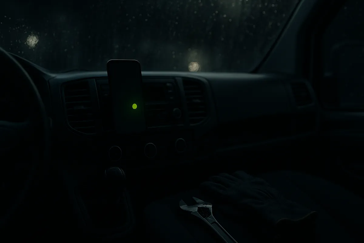 Editorial scene of a service van at night with a glowing phone notification
