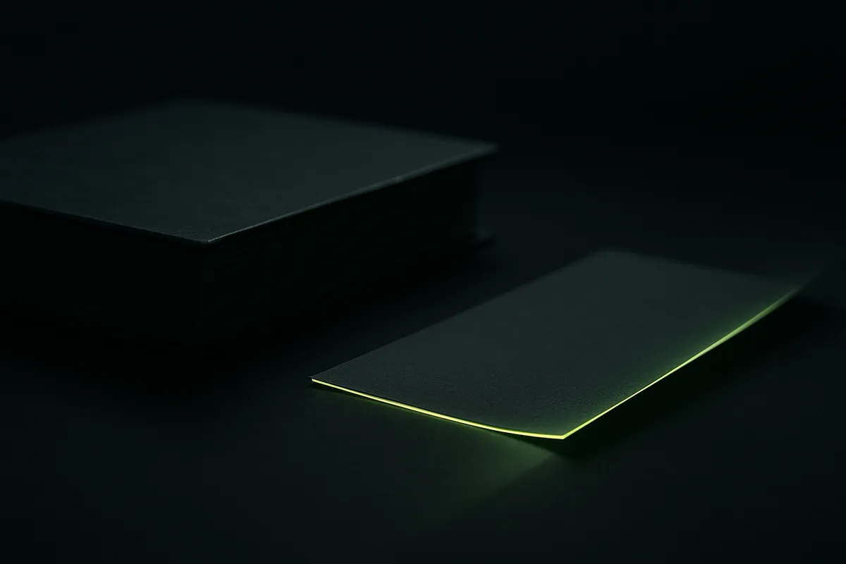 A closed dusty brand guidelines binder beside a single glowing rule sheet edged in chartreuse green on a near-black surface, contrasting a static deck with a living, executable brand system.