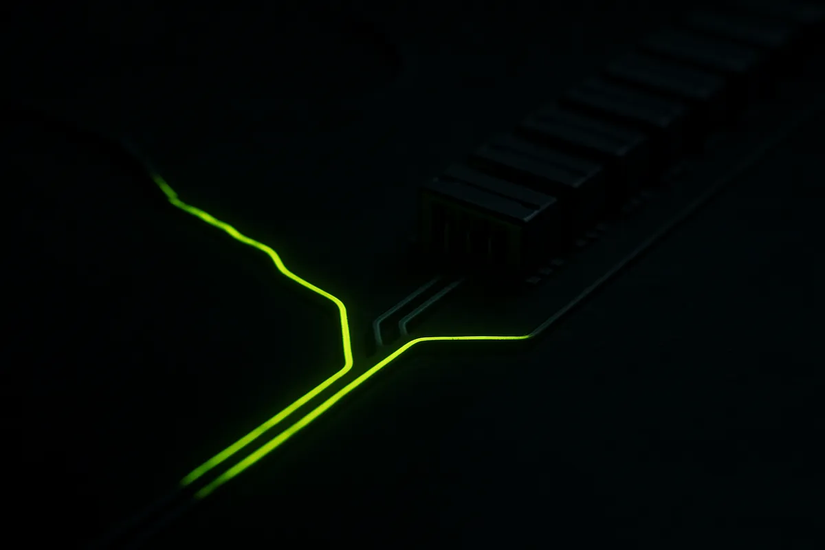 A glowing green path forks into a custom-built branch and a row of identical off-the-shelf blocks, then rejoins as one connected system against a near-black background.