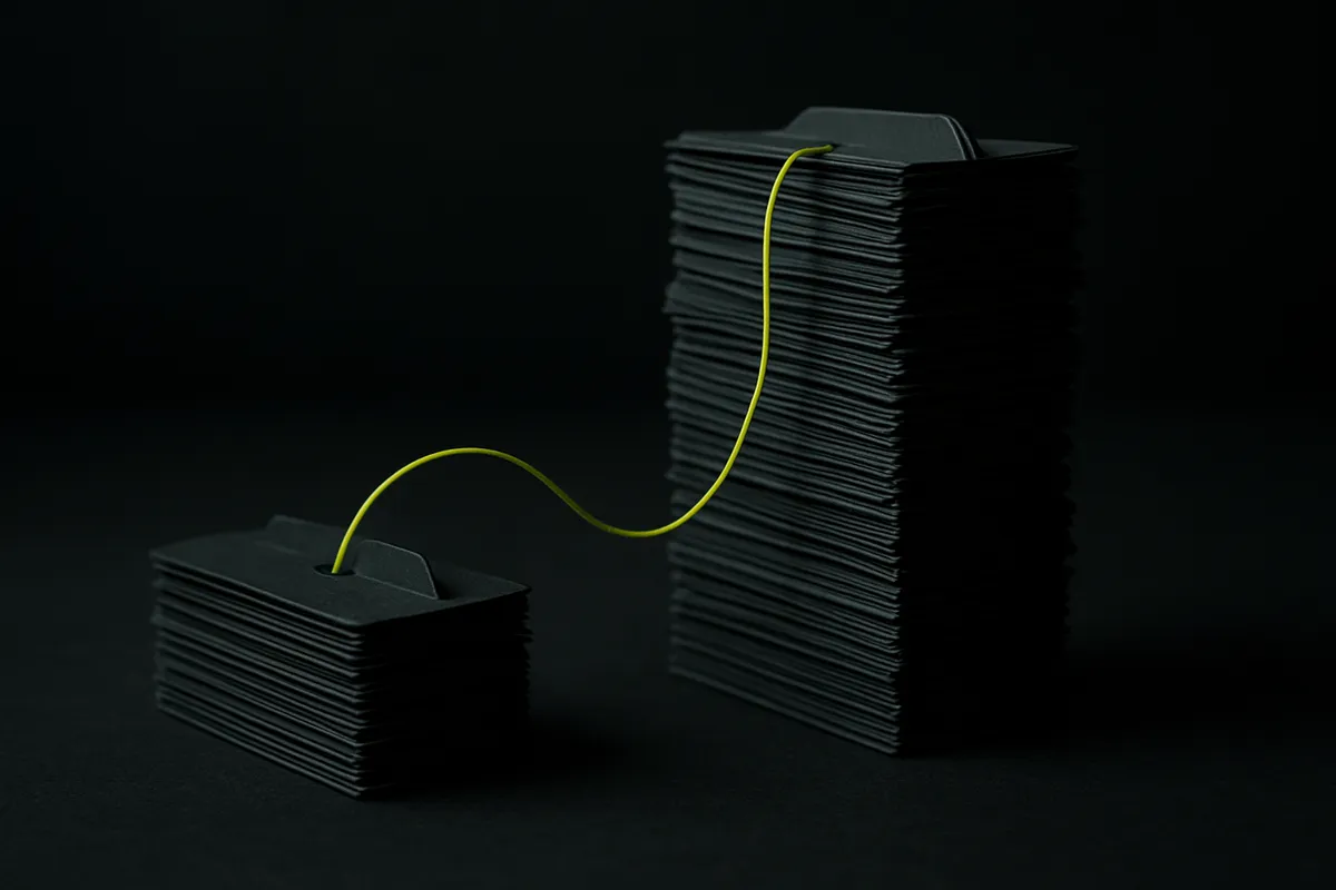 Two unequal dark ledger-card stacks on a near-black surface joined by a single glowing chartreuse-green loop of thread.