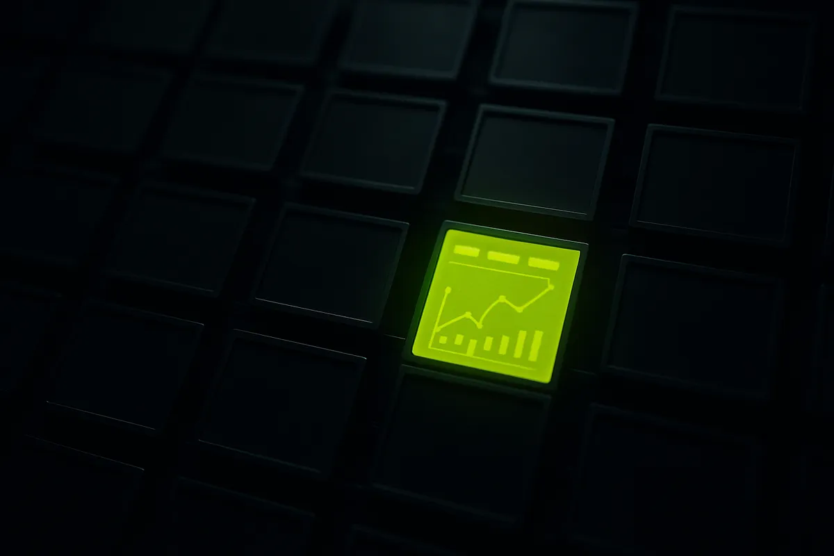 A dark grid of ad frames with one chartreuse-green frame highlighted to represent the rare winning creative found through volume.
