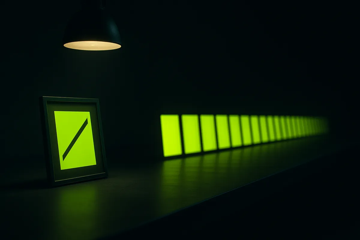 One spotlit creative print on a dark desk beside a long receding grid of glowing green panels, contrasting a single hire against a system's output.