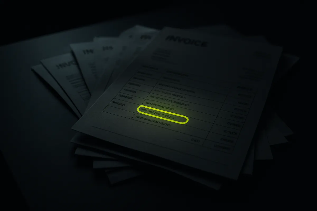 A dark desk with a stack of software invoices where one line item glows chartreuse green while the rest fade into shadow, suggesting one useful flow amid unused modules.