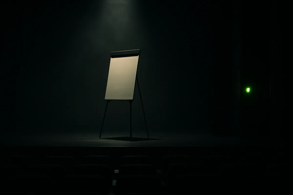 A darkened theater stage lit by one spotlight on a blank presentation easel, with a single chartreuse-green status light glowing in the wings.
