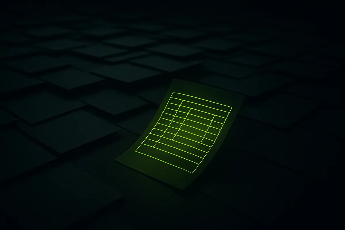 Rows of identical blank pages fading into darkness with one chartreuse-lit page holding a structured data grid in front.