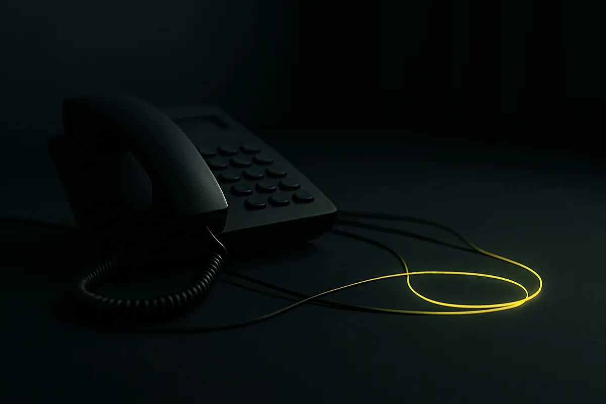 A black desk phone in a dark room with three faint cords merging into one glowing green loop, representing three voice platforms feeding a single closed-loop system.