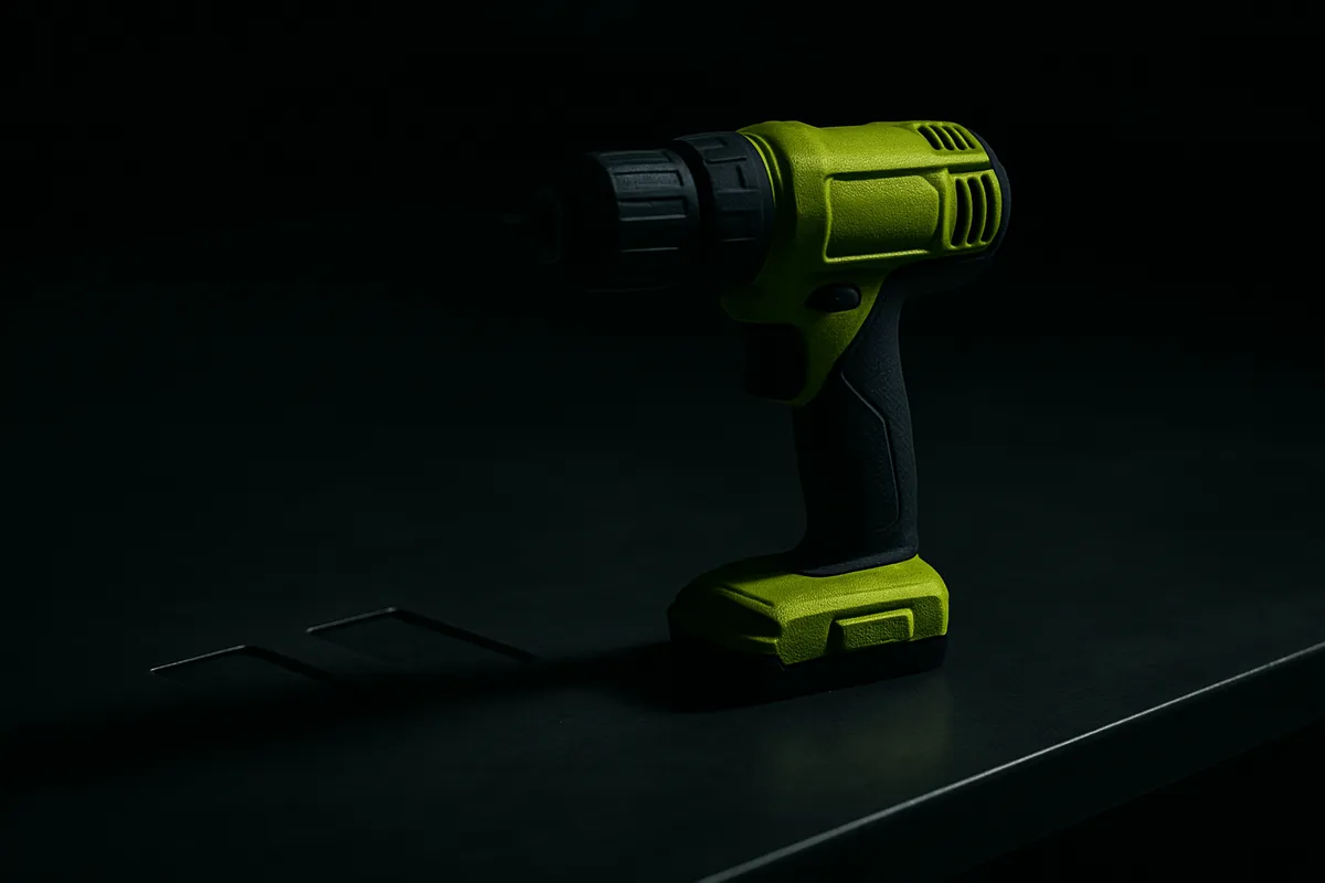A lone green hand tool on a dark workbench, its shadow stretching toward two identical empty mounting slots.