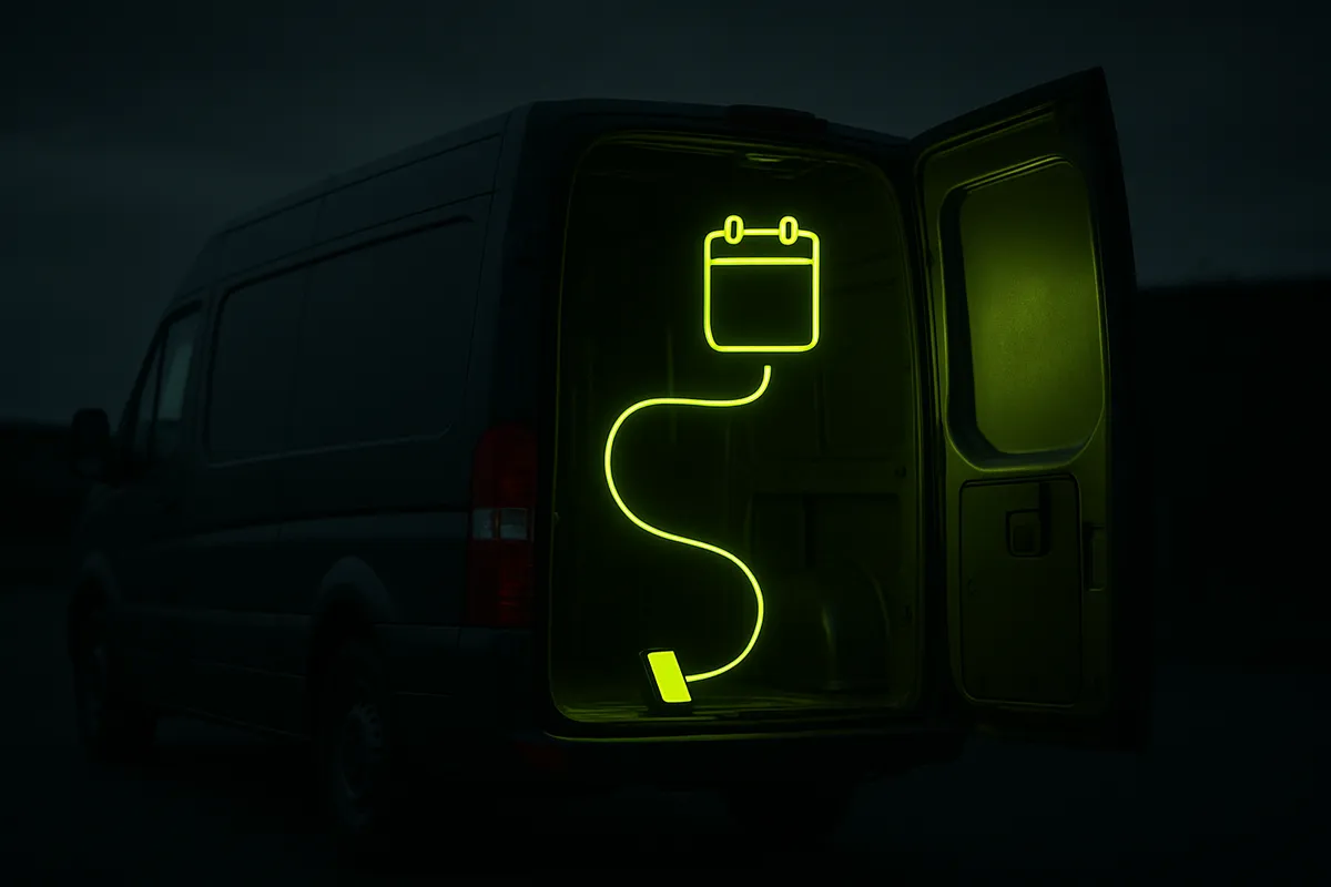 Dark service van at dusk with a chartreuse light loop connecting a ringing phone to a booked calendar slot, illustrating an AI receptionist that books the job while the crew is on site.