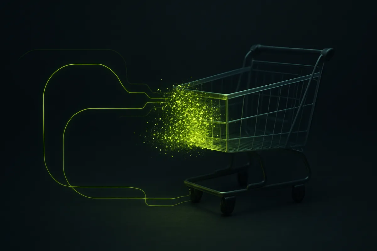 A glowing chartreuse shopping cart dissolving into light particles that loop back to reform a solid cart on a dark background, illustrating a closed-loop cart recovery system.