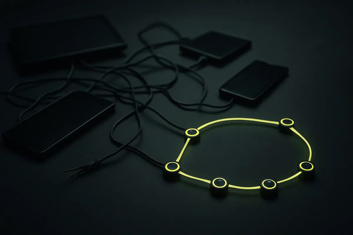 Dark editorial scene of scattered disconnected tool screens joined by broken grey cables, beside one clean chartreuse loop closing through five connected nodes.