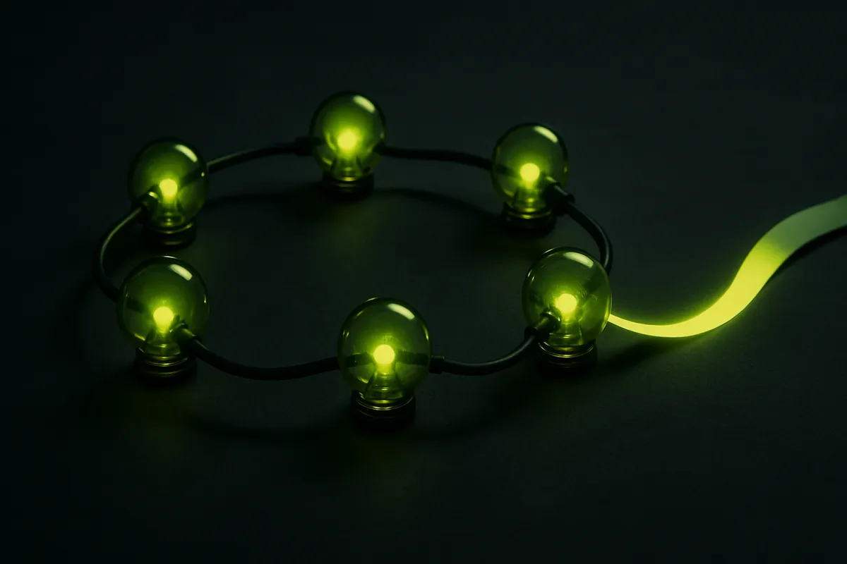 A closed loop of six glowing chartreuse nodes on a dark background, with a receipt trail feeding back into the first node to show repeat purchases.