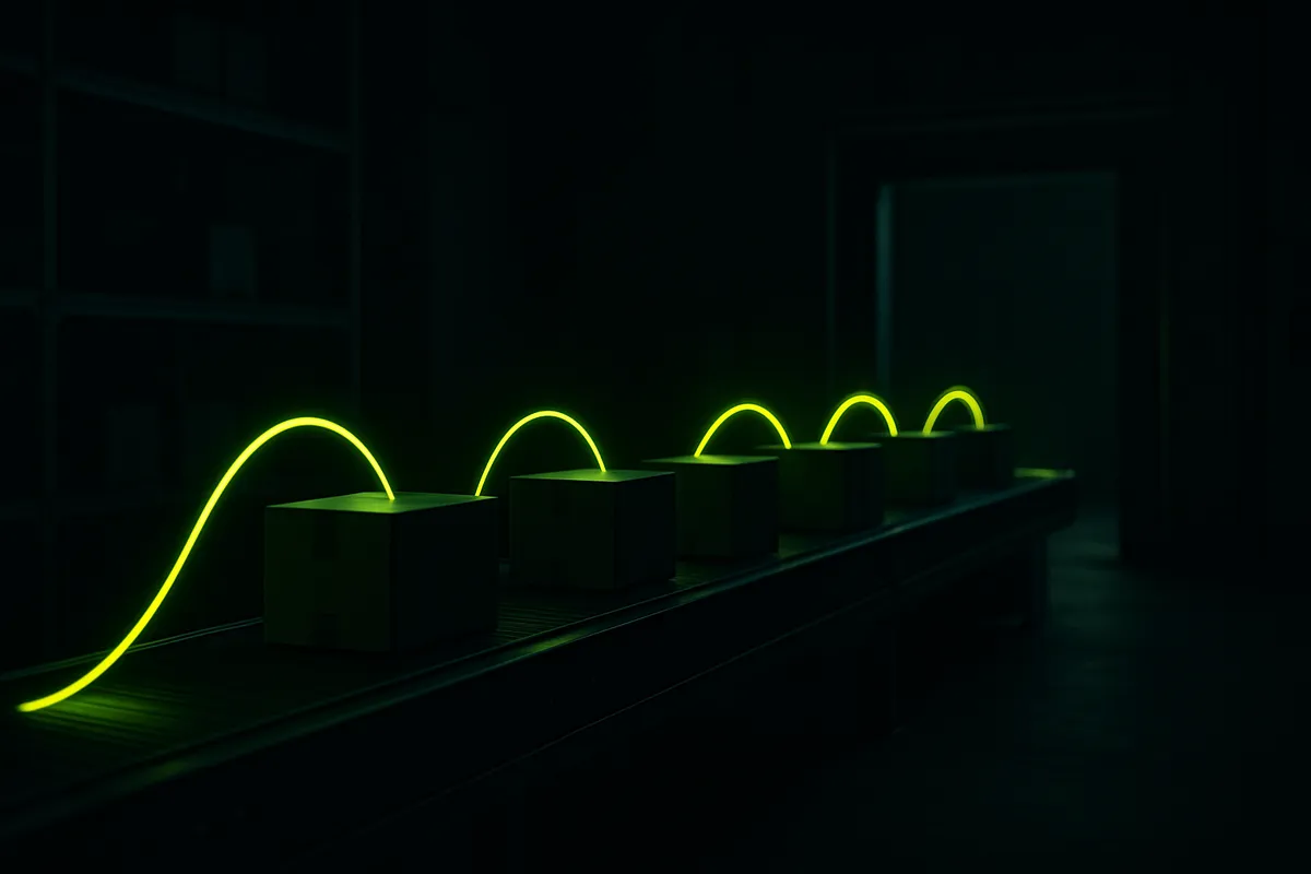 Dark warehouse conveyor of parcels lit by a chartreuse beam, with a glowing loop of light tracing each box from shelf to delivery and closing shut.