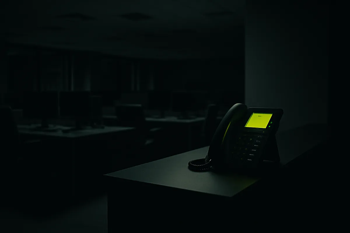 An empty darkened real estate office at night with one phone glowing chartreuse as it rings on the front desk