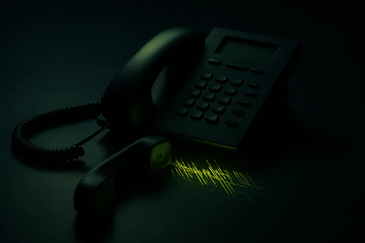 An unanswered black desk phone off the hook under a single chartreuse spotlight, with glowing lines leaking from the receiver across a dark surface.