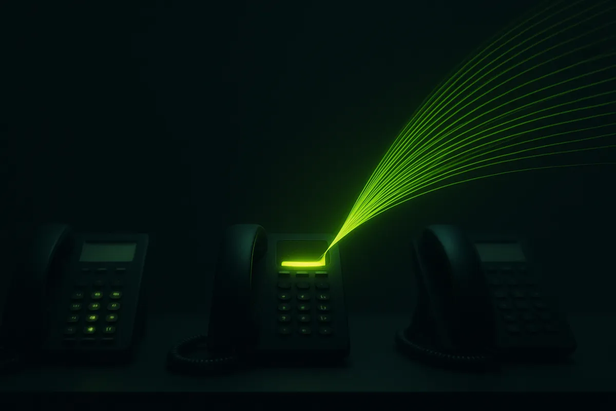 Dark sales-gallery phone bank at launch night with a chartreuse signal line splitting into many parallel call threads, showing a voice layer absorbing a presale registration surge.