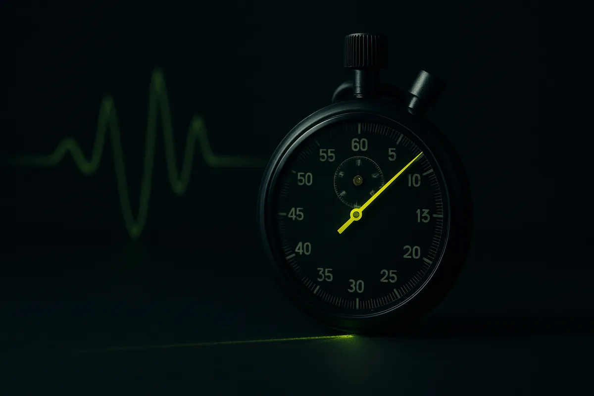 A black stopwatch with a glowing chartreuse hand on a dark surface, a faint green call waveform fading behind it, evoking real estate speed to lead and the cost of a slow response.