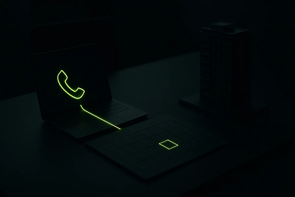Dark editorial scene of a chartreuse light path running from an inbound call to a confirmed showing slot on a calendar