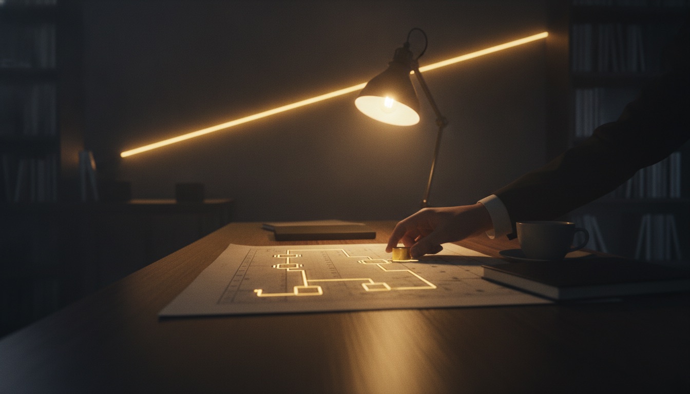 A hand moving a token along a printed process-flow chart on a desk under a warm lamp, representing business process automation for a company