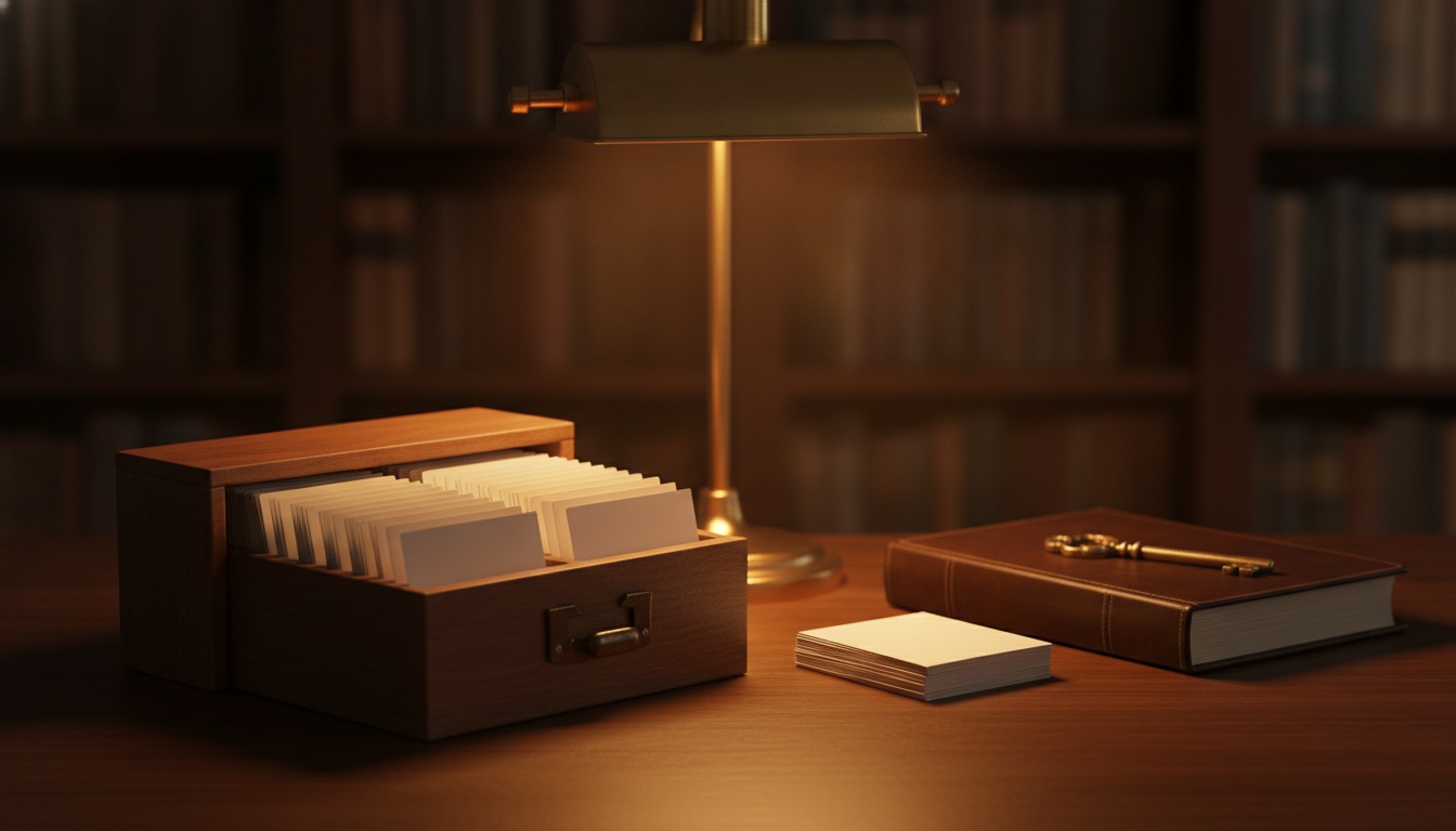 An open card file drawer of blank index cards, a small stack of cards, a leather-bound ledger and a brass key on a dark desk under a brass lamp.