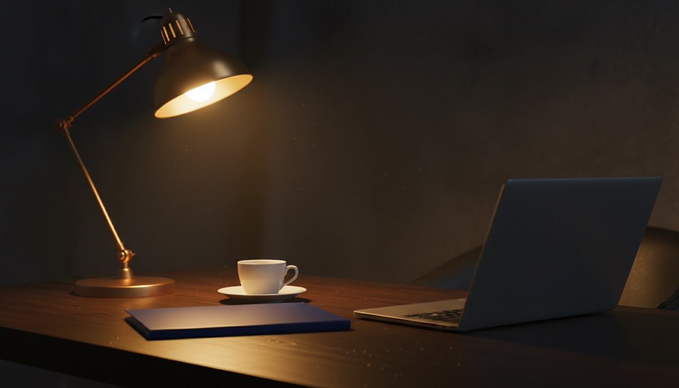 A dark wooden desk lit by one warm brass desk lamp, with a plain closed folder, a white coffee cup on a saucer and a closed laptop.