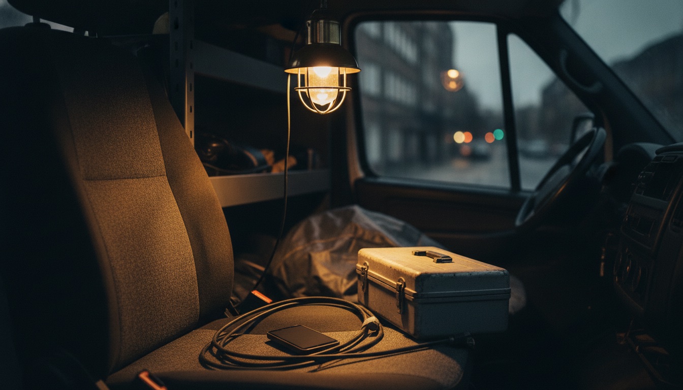 Kaubiku salong hämaras, messingist võrkkuppel-lamp valab kuldset valgust istmele, kus lebab tühja ekraaniga telefon, keritud kaabel ja sildita metallist tööriistakast