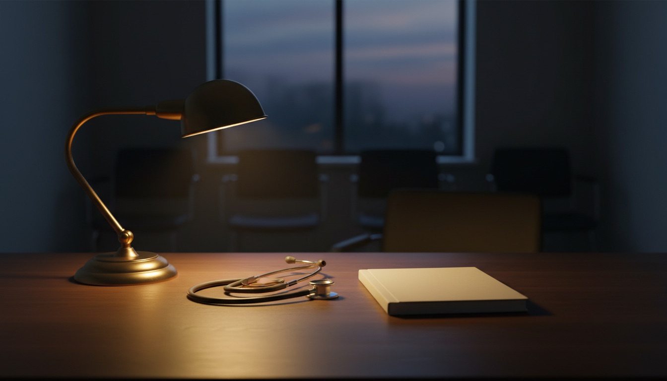 Empty clinic reception desk at dusk, a brass gooseneck lamp throwing gold light across bare wood beside a coiled stethoscope and a blank closed notebook, waiting room chairs dark behind