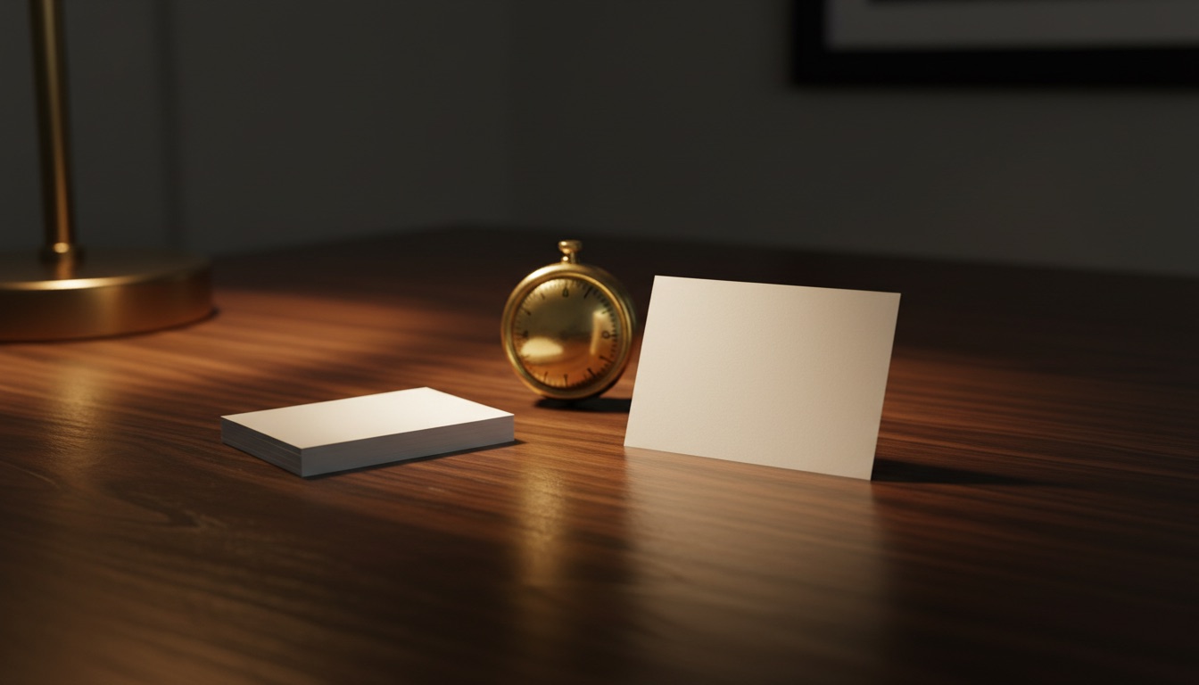 A single blank cream index card propped upright against a small brass mechanical timer on a dark walnut desk, a short stack of plain unmarked cards beside it, one warm lamp raking low across the wood grain