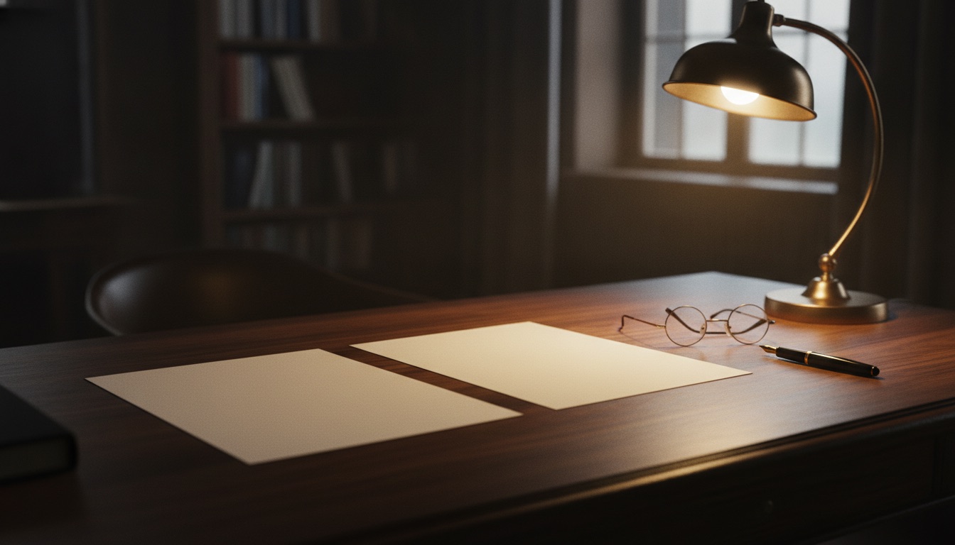 Two blank sheets of paper side by side on a dark walnut desk under a warm brass lamp, with reading glasses and a fountain pen resting beside them.