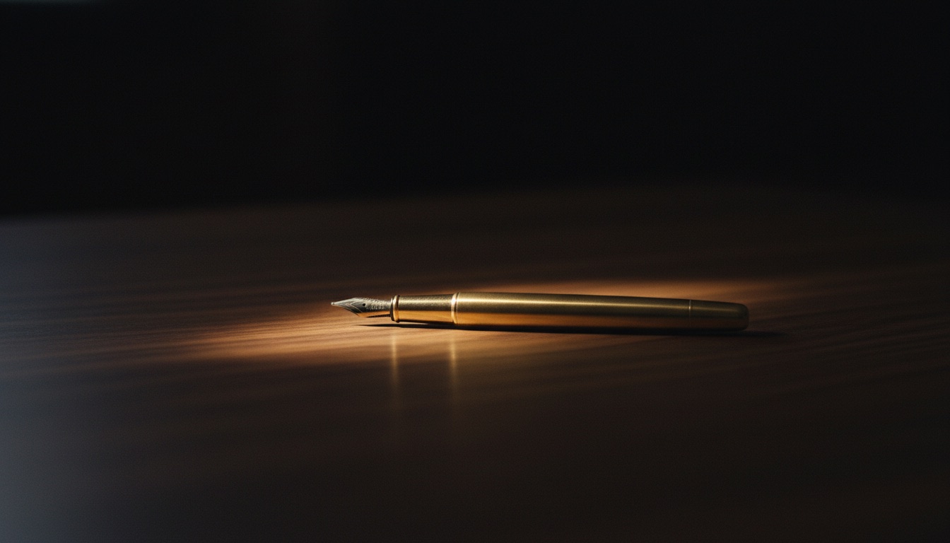A single brass fountain pen lying alone in a narrow pool of warm gold lamplight on a bare dark walnut desk