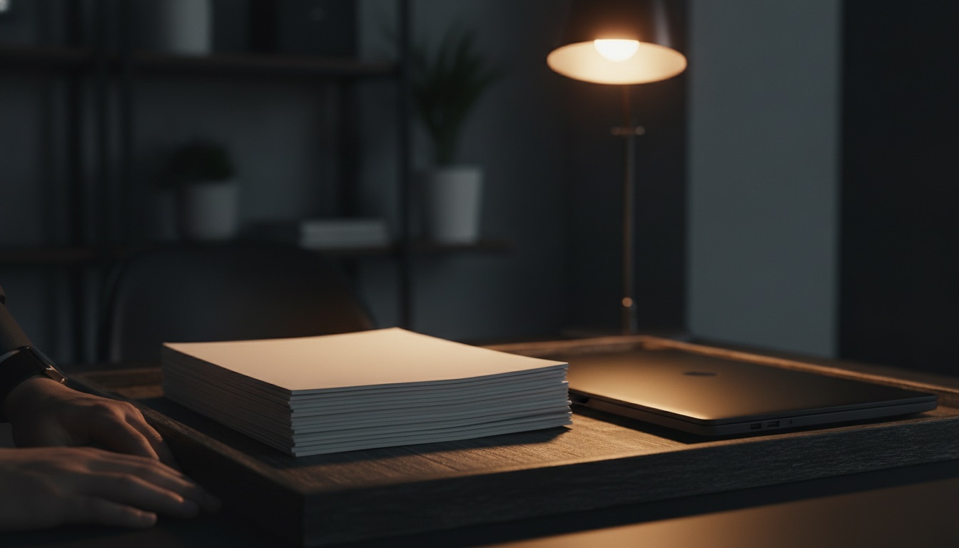 A stack of blank unmarked paper documents in a wooden tray on a dark desk beside a closed laptop, lit by one warm desk lamp, with a hand resting at the left edge of the frame.