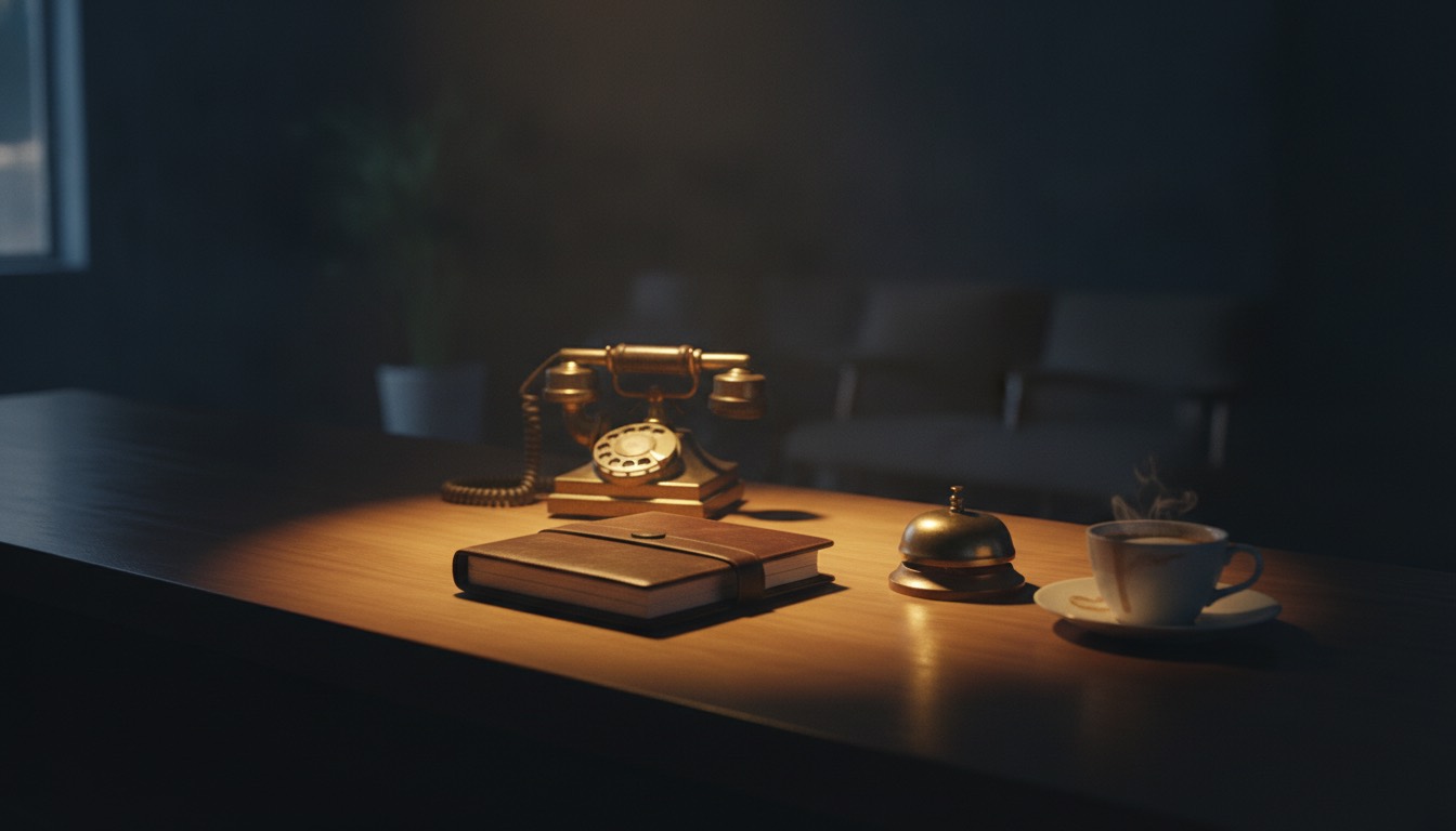 A reception counter at night lit by one warm gold lamp, with a closed leather appointment diary, a brass rotary telephone resting on its cradle, a small brass service bell and a cup on a saucer, the waiting chairs behind dark and out of focus