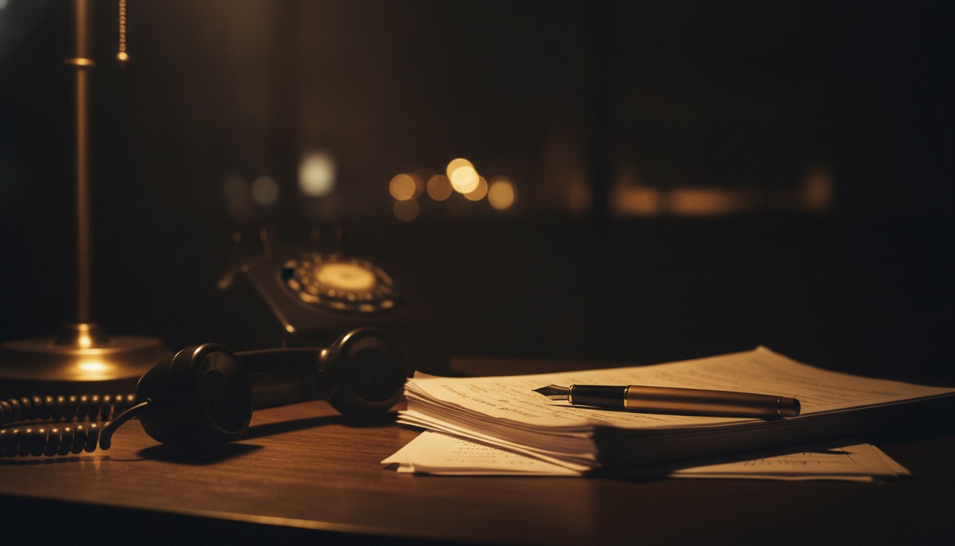 A desk telephone handset lying off its cradle beside a stack of paper inquiry forms and a fountain pen on a dark wooden desk, lit by one warm lamp at night.