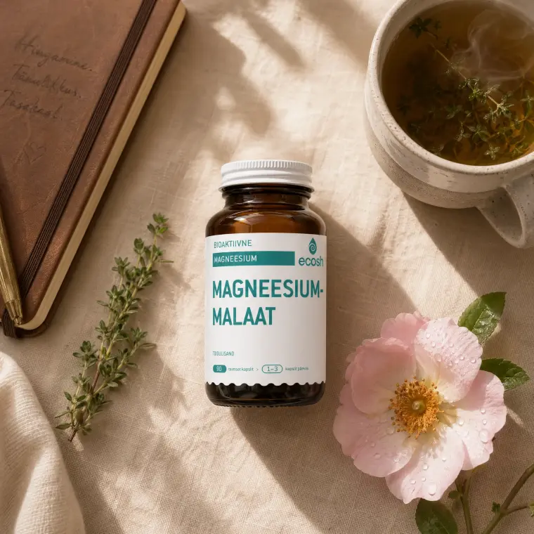 Ecosh: magnesium flatlay with tea and flowers