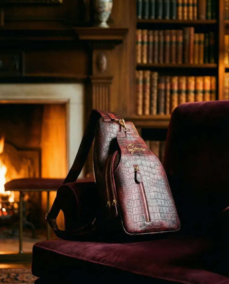 Gena: bag on velvet, library interior