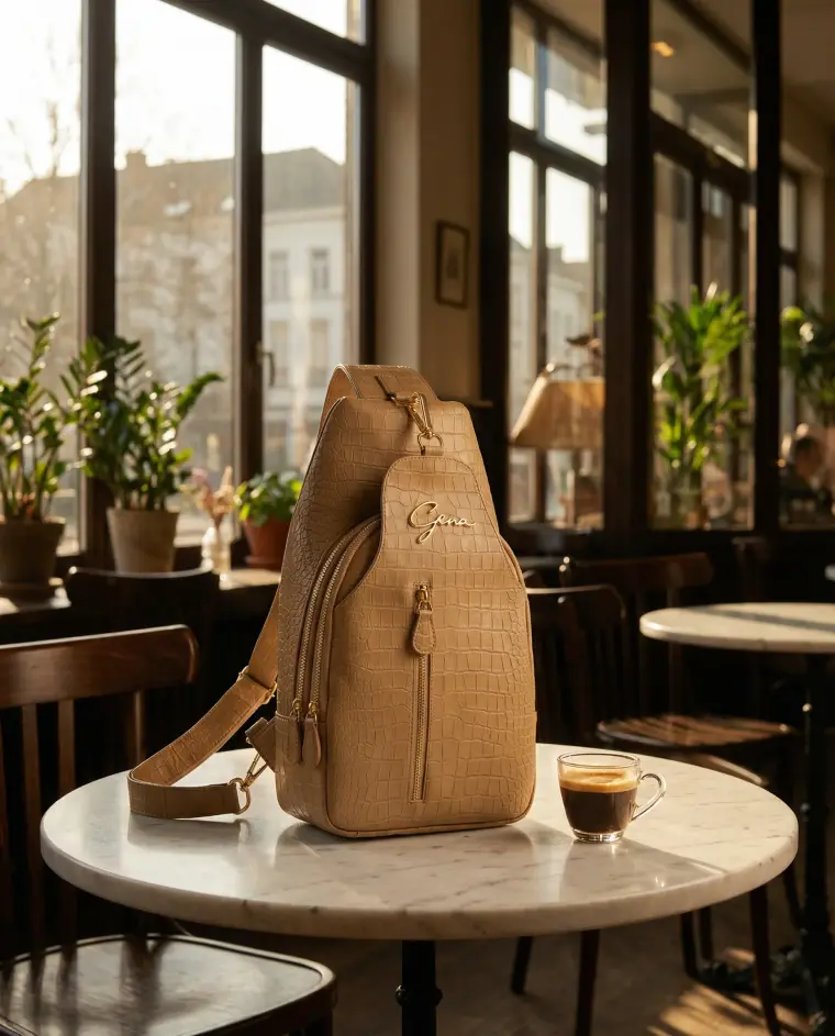 Gena: bag on a cafe table