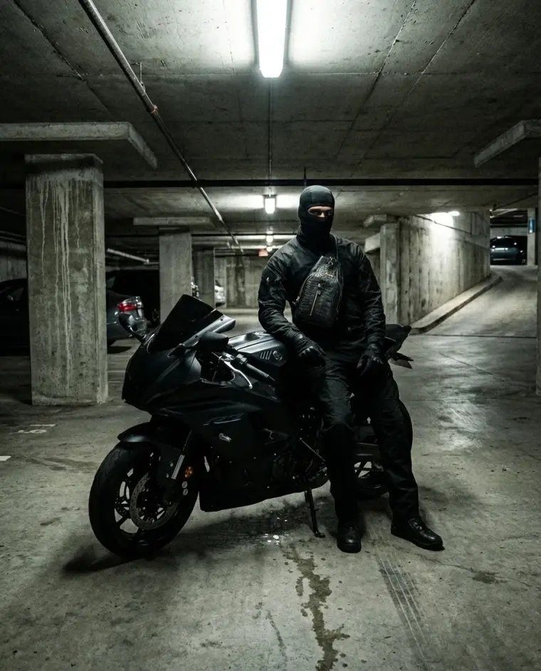 Gena: rider in a car park