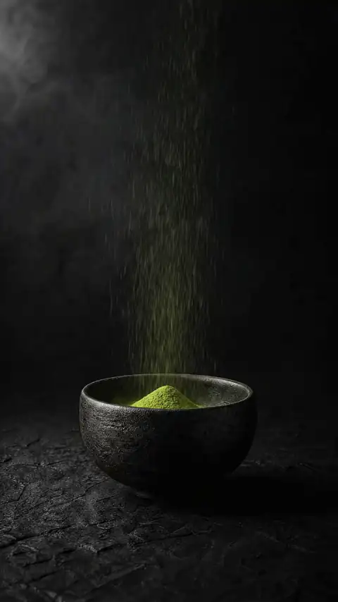 Green matcha powder falling into a black bowl