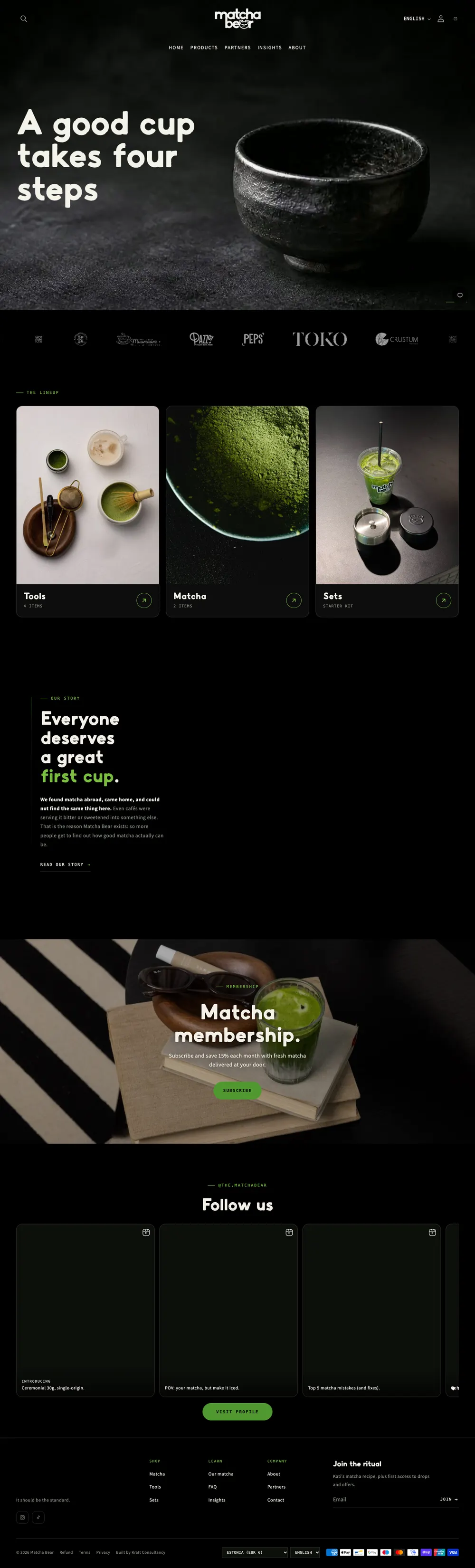 The Matcha Bear homepage on matchabear.eu, from the opening line “A good cup takes four steps” past the partner logos and the tools, matcha and sets, down to the footer.