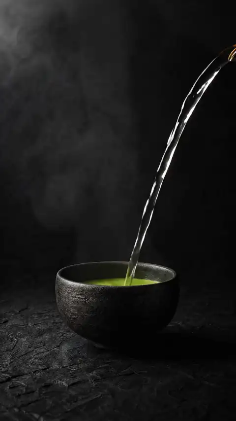 Water pouring into the matcha bowl