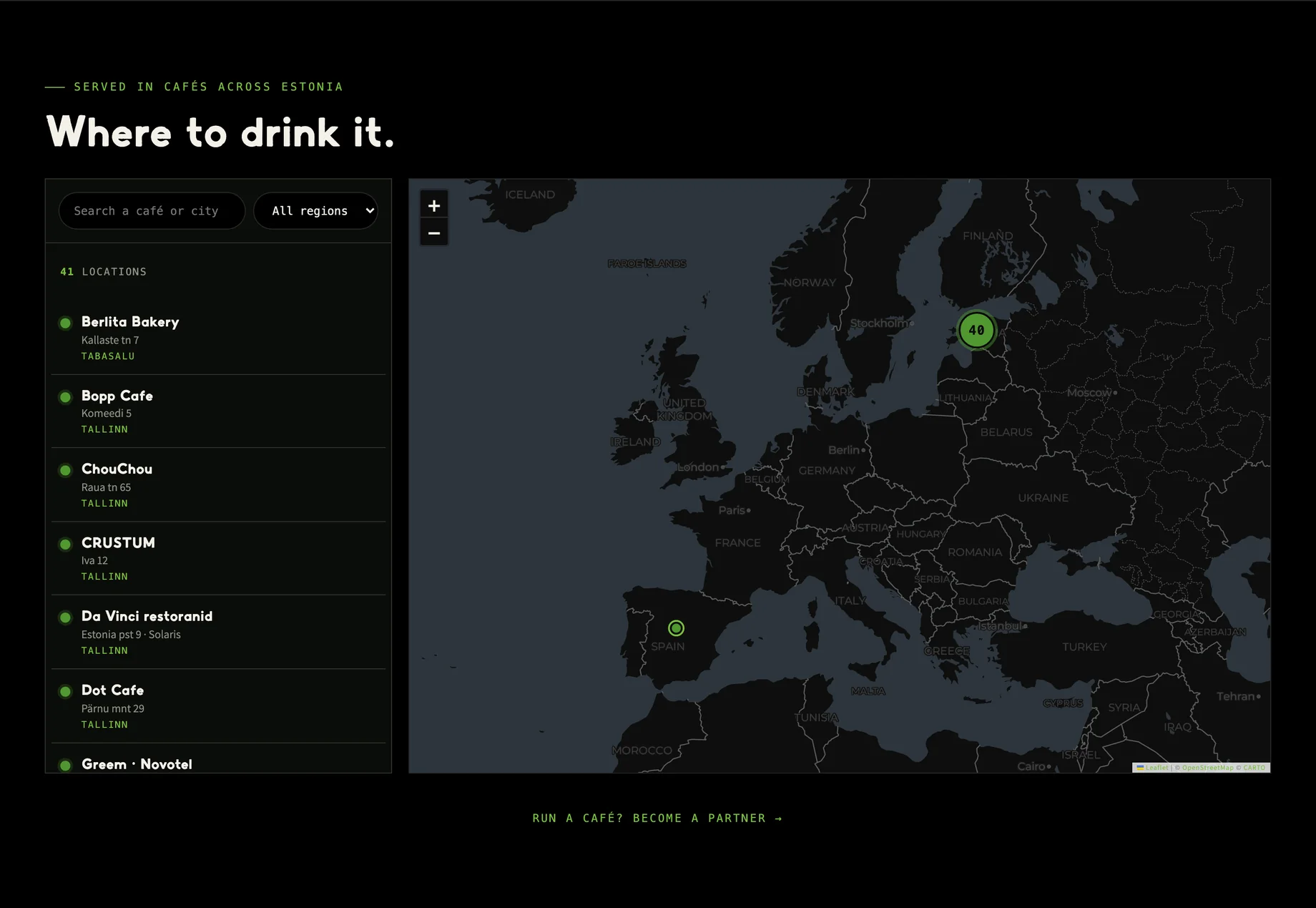 The "Where to drink it." section on a computer: a search field and a region menu, a list of partner locations with street address and town, and a dark map of Europe with a green cluster marked 40 over Estonia and one pin in Spain.