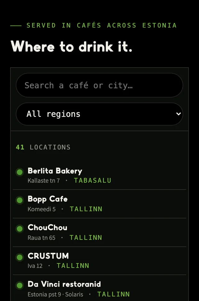 The same partner finder on a phone: search field, region menu, the line "41 locations" and the first places in the list.